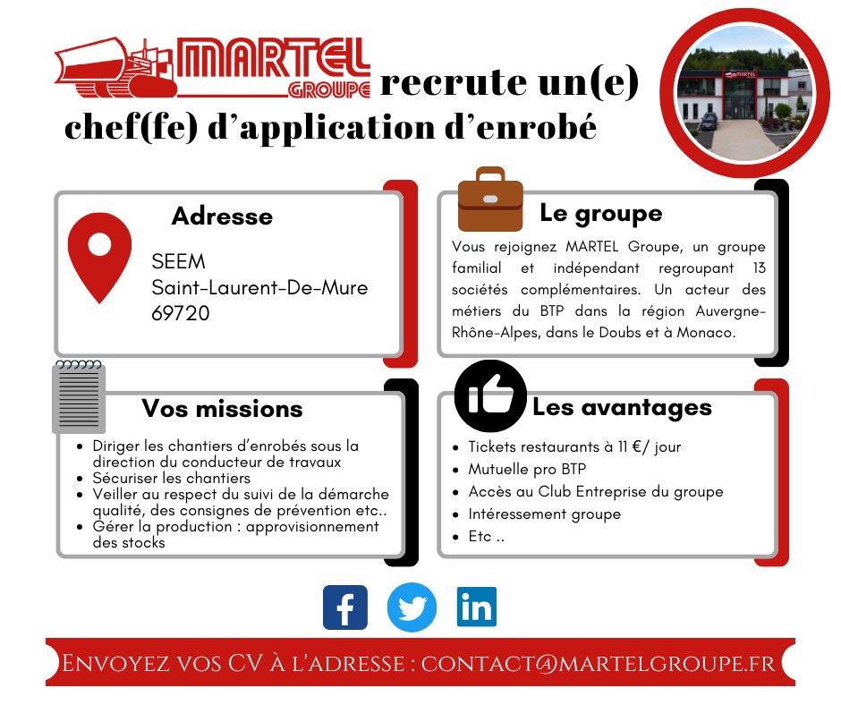 MARTEL Groupe recrute pour sa filiale SEEM un(e) chef(fe) d’application d’enrobé (69) 📍.

Profil :
Rigoureux, minutieux et autonome, vous avez le sens de l’esprit d'équipe

📩 Envoyez votre CV à : contact@martelgroupe.fr
📢 Poste à pourvoir dès que possible