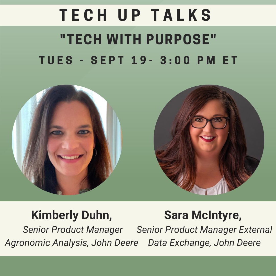 Zoom in this Tuesday, September 19, at 3:00 PM ET for our “Tech With Purpose” Tech Up Talk with Kimberly Duhn and Sara McIntyre from John Deere! Register at us02web.zoom.us/webinar/regist…! 👩‍💻💻🚜 #womenintech #techup #techuptalks #techupforwomen #womenengineers #femaleengineer