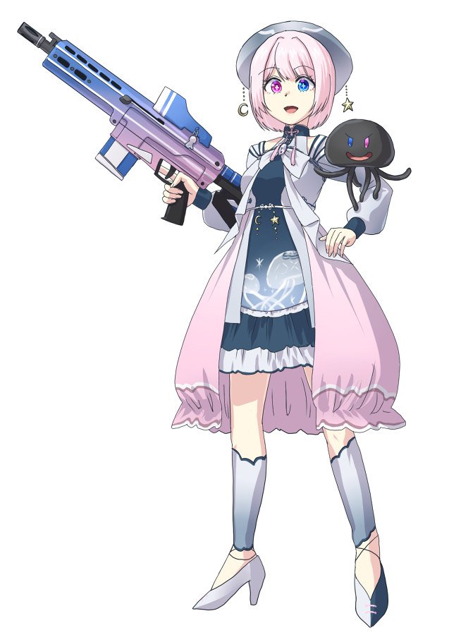 1girl weapon gun heterochromia hat pink hair dress  illustration images