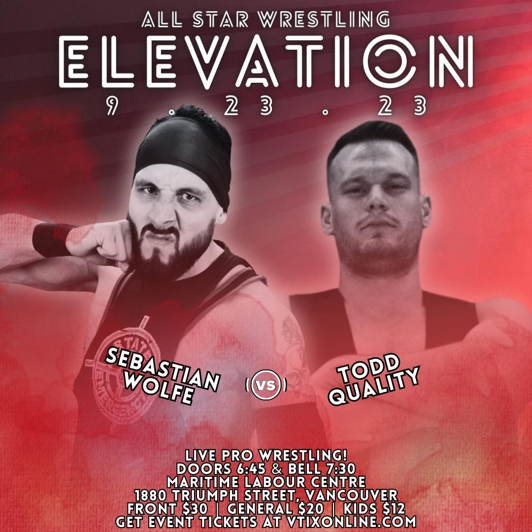 ASWCANADA's tweet photo. As @SebWolfePRO  begins the Gauntlet towards @SpeedballBailey  on September 30, the first stop is a tough matchup with @Nowthatsquality  at #ASWElevation on September 23.

Will Seb be stopped at the first hurdle? Join us for an awesome evening of family-friendly wrestling and find out!

Tickets from $12 -> https://t.co/NPZPLkj0g8 

#asw #aswcanada #prowrestling #wrestling #vancouverwrestling #gauntlet #elevation #lonewolfe