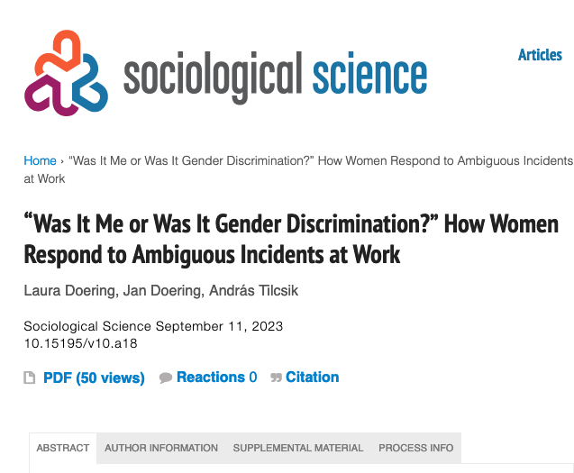 Ambiguous discrim. poses unique challenges. In @SociologicalSci @Laura_B_Doering, András Tilcsik, and I a) describe how women experience ambiguity, b) measure its relative frequency, and c) show how ambiguity shapes responses tinyurl.com/mrd7tduy @UofT_Sociology #soctwitter