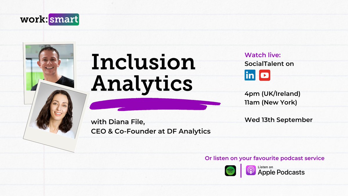 Join us for the Work-Smart podcast tomorrow at 4pm GMT (11am EST) 🎧

Discover the power of data-driven decision-making  inclusive workplaces, with Diana File, CEO and Founder of DF Analytics &amp; Consulting 🌐

📺 Catch the live episode on our LinkedIn &amp; Youtube! #WorkSmartPodcast