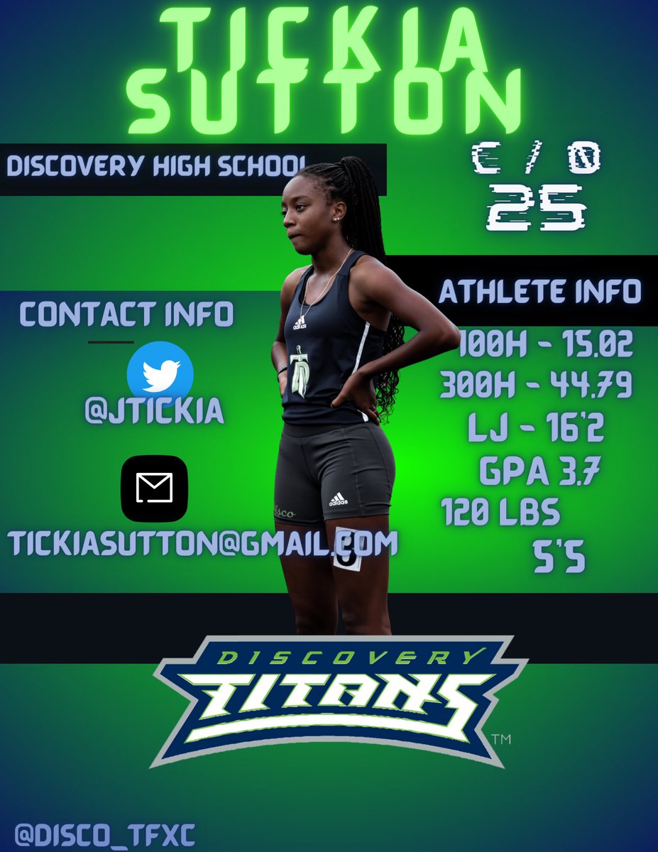 Disco_TFXC's tweet photo. College TF Coaches meet Tickia Sutton (C/O 25 Junior) a dedicated hard worker who shows up everyday and does whatever is asked ! Outstanding student athlete who made it to state in both Hurdle events in her 2nd year running! BIG JUNIOR YEAR INCOMING @JTickia #RecruitTheDisco 💚💙 https://t.co/k5Yui9Lhi1