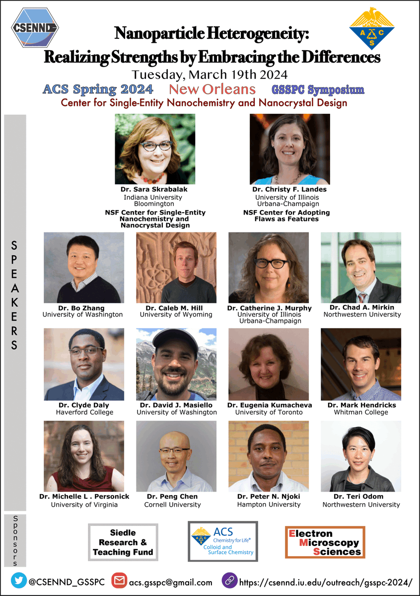 CSENND_GSSPC's tweet image. Our invited speaker line-up for the ACS Spring 2024 Graduate Student Symposium is confirmed! 

Interested in single-particle nanocrystal research? Be sure to check out opportunities to attend our Nanoparticle Heterogeneity symposium and more below⬇️

/🧵