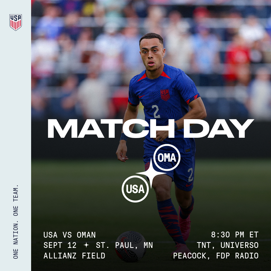 USMNT's tweet photo. Match Day in Minnesota!

𝐈𝐧𝐭𝐞𝐫𝐧𝐚𝐭𝐢𝐨𝐧𝐚𝐥 𝐅𝐫𝐢𝐞𝐧𝐝𝐥𝐲

🇺🇸USA vs Oman 🇴🇲

8:30 PM ET
📍 St. Paul, Minnesota

📺 TNT / Universo, Peacock

Match Preview » https://t.co/TxJORdF4Hl https://t.co/oZP0H0ElFA