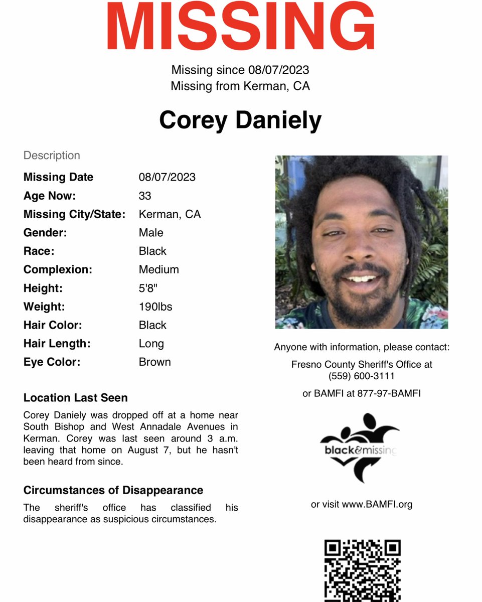 BAM_FI's tweet photo. #Kerman, CA: 33y/o Corey Daniely was dropped off at a home near South Bishop and West Annadale Avenues in Kerman. Corey was last seen around 3 a.m. leaving that home on August 7, but he hasn't been heard from since.

#HelpUsFindCorey #CoreyDaniely https://t.co/Cw3ZMlhstS