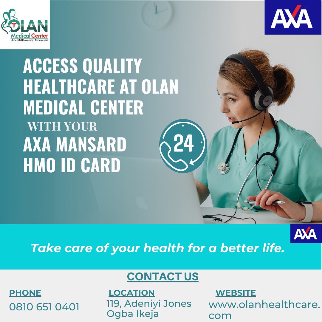 OlanCenter's tweet photo. Did you know that with your @AXAMansard @AXAMansardHMO ID card, you can access quality healthcare in our facility?

Visit us at 119, Adeniyi Jones Ikeja or call 0810 651 0401 to get started or send us a DM. 

Tag someone who needs to see this! 

#axamansardhealth https://t.co/mkEbhArojm