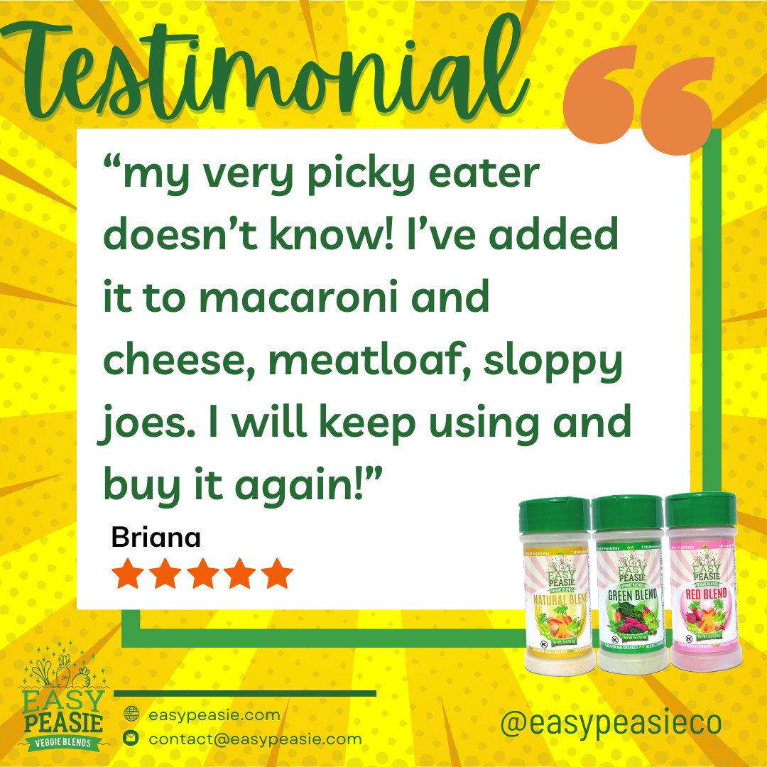 easypeasieco's tweet image. Grateful for amazing reviews like this! Our mission is to make every meal a hit, even for the pickiest eaters!  Thank you for sharing your creative uses and love for our product. #easypeasie #veggiepowder #healthykids #momapproved #pickyeater #pickyeaterapproved #customerfeedback