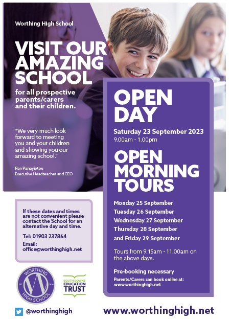 WorthingHigh's tweet photo. We are excited to invite you to our school Open Event on 23/09/23 from 9am to 1pm. Please note, the Headteacher's Presentations at 9.30 and 10.30 are fully booked but there are still spaces for the 11.30 session. Please book for this session here: https://t.co/rAx0bI2XNZ https://t.co/mBPjCsAQ84