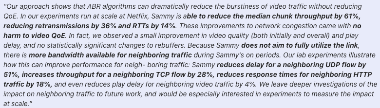 jlivingood's tweet photo. ISPs and video streaming platforms will find this ACM Sigcomm 2023 paper VERY interesting tomorrow! New ABR algo tested at Netflix reduces bandwidth bursts to smooth traffic, improving RTT &amp; QoE &amp; freeing up capacity.  https://t.co/4AclHF03GD #Sigcomm2023 #videostreaming #QoE https://t.co/y0ZuLGoXum
