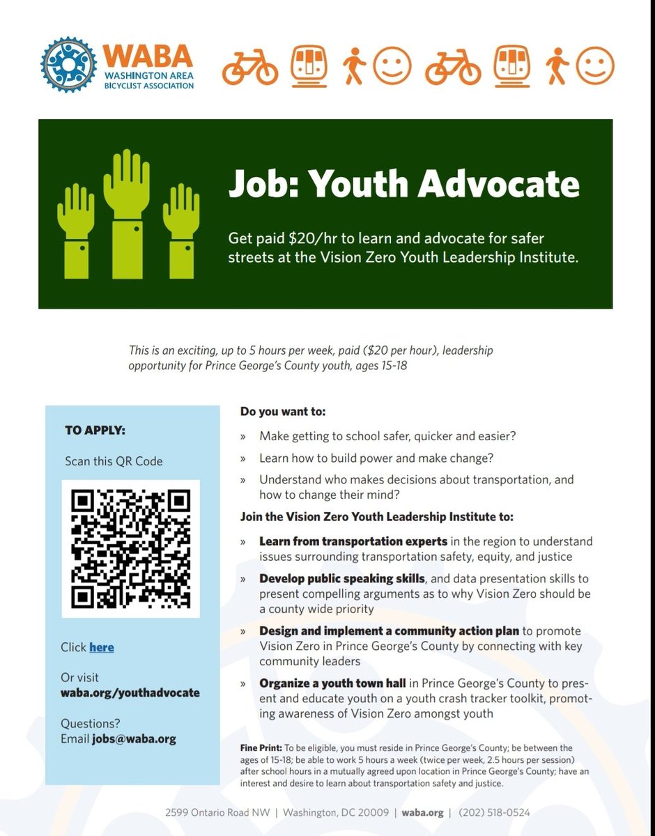 @WABADC is seeking four committed and dedicated youth advocates, ages 15-18, for our Prince George’s County Vision Zero Youth Leadership Institute!