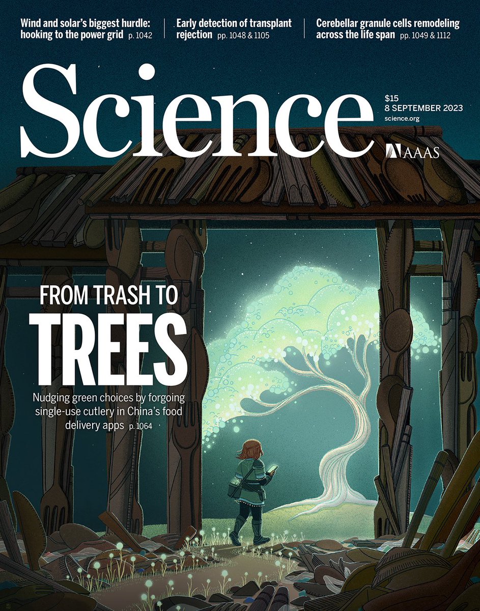 Cover illustration for @ScienceMagazine on how nudging green choices on food delivery apps in China has greatly reduced users’ single-use cutlery consumption and can lead to environmental benefits like using points to plant real trees ✅🌱🌳 Thanks so much to my AD Marcy Atarod!