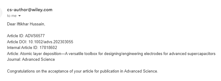 Our review article, ''Atomic layer deposition—A versatile toolbox for designing/engineering electrodes for advanced supercapacitors'' has been accepted by Advanced Science. 
@AdvSciNews
#phdchat #phdvoice #phdlife #phdforum #phdstudent #AcademicChatter #phdjourney #phdtips #PhD