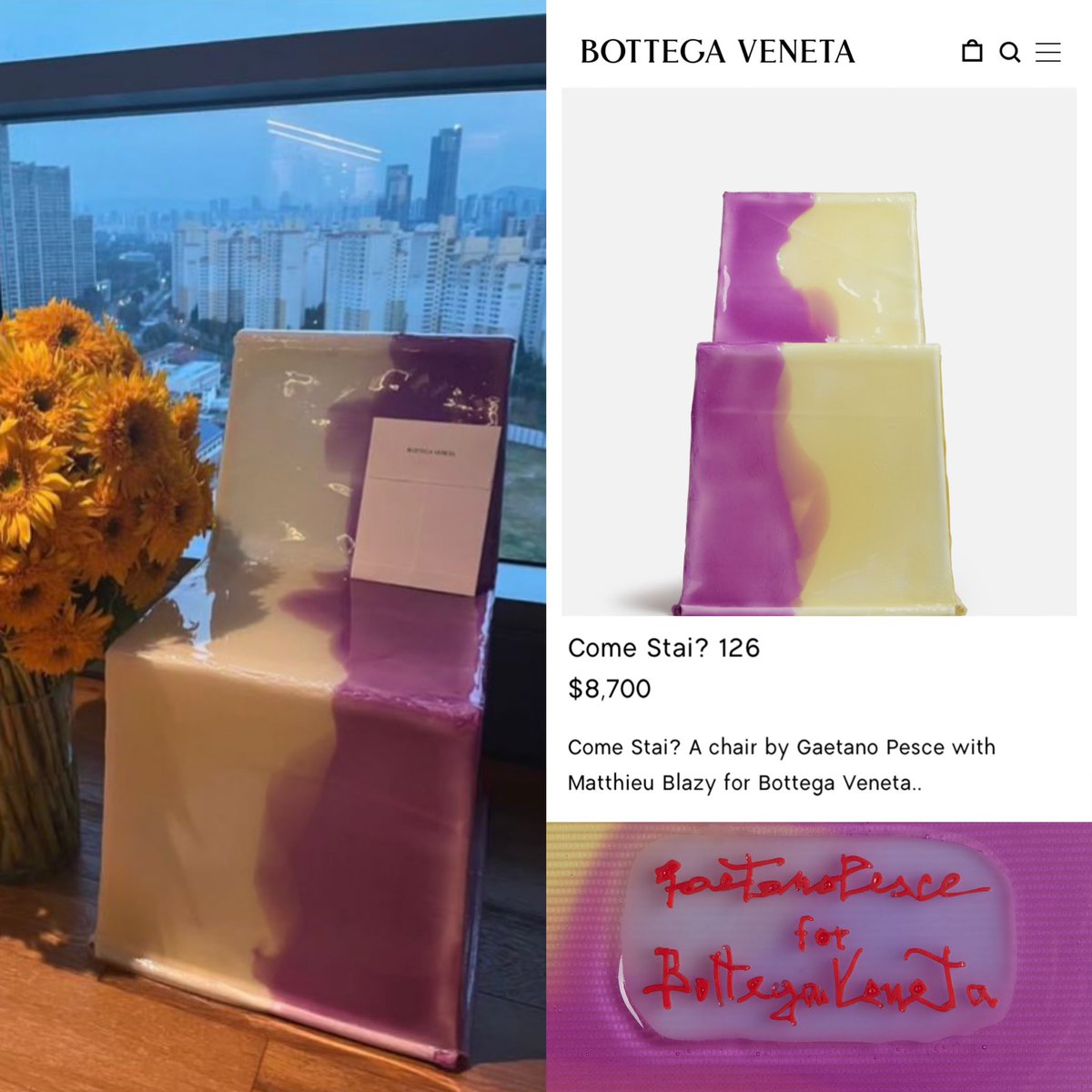 RM received as a gift “Come Stai?” A chair by Gaetano Pesce with Matthieu Blazy for Bottega Veneta that costs $8,700.

#RM #RMxBottegaVeneta #HappyBirthdayNamjoon #HappyRMDay