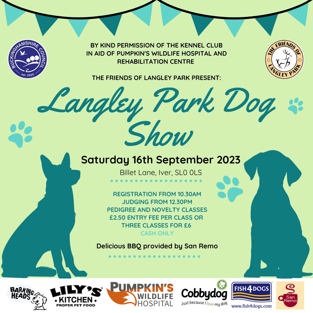 This Saturday (16th) Friends of Langley Park - Events, Volunteering, Conservation Present the Langley Park Dog Show in aid of Pumpkin’s Wildlife Hospital!

Come down with your four-legged friends and enjoy a fun day out!
eventbrite.co.uk/e/dog-show-fie…