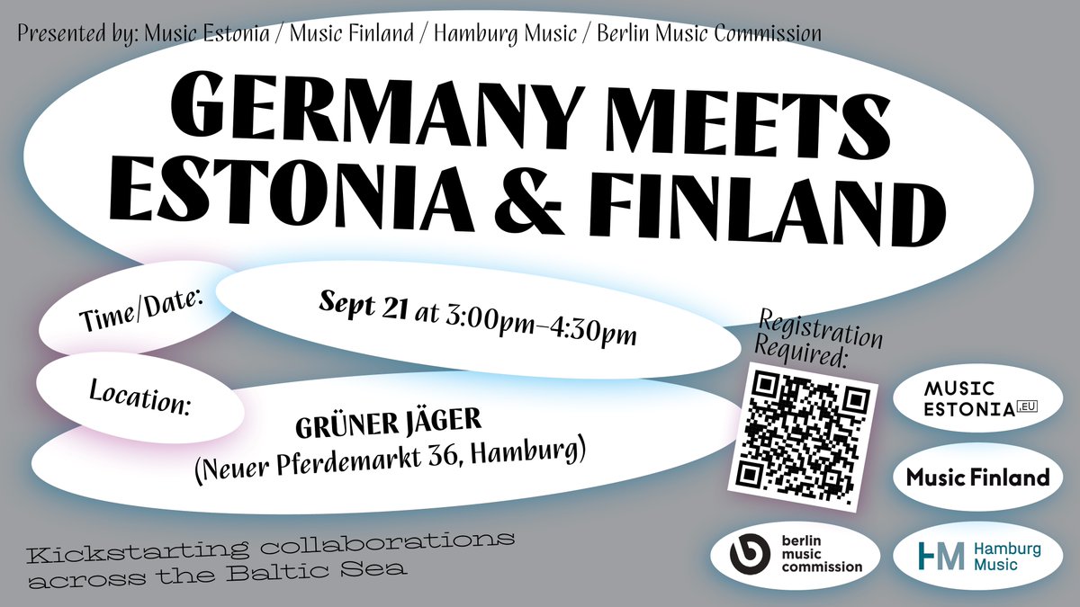 Wir organisieren mit Music Estonia, Music Finland und Hamburg Music ein Netzwerktreffen für die deutsche, estnische und finnische Musikindustrie. Do, 21. September ab 15 Uhr im Grünen Jäger/Hamburg Haus.
Anmeldung bis: 15.09.23.
ow.ly/4Vv250PKC1N