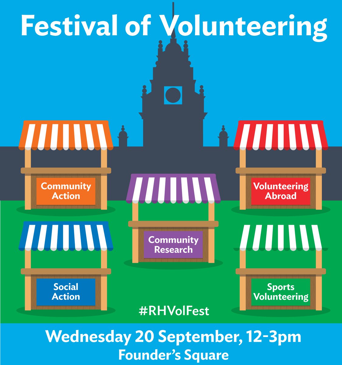 🎉Festival of Volunteering 2023🎉

Are you a Fresher interested in volunteering or a returning student looking to develop new skills and give back to their community?

Come along to this year's Festival of Volunteering on Wednesday 20th September from 12-3 pm. #RHVolFest