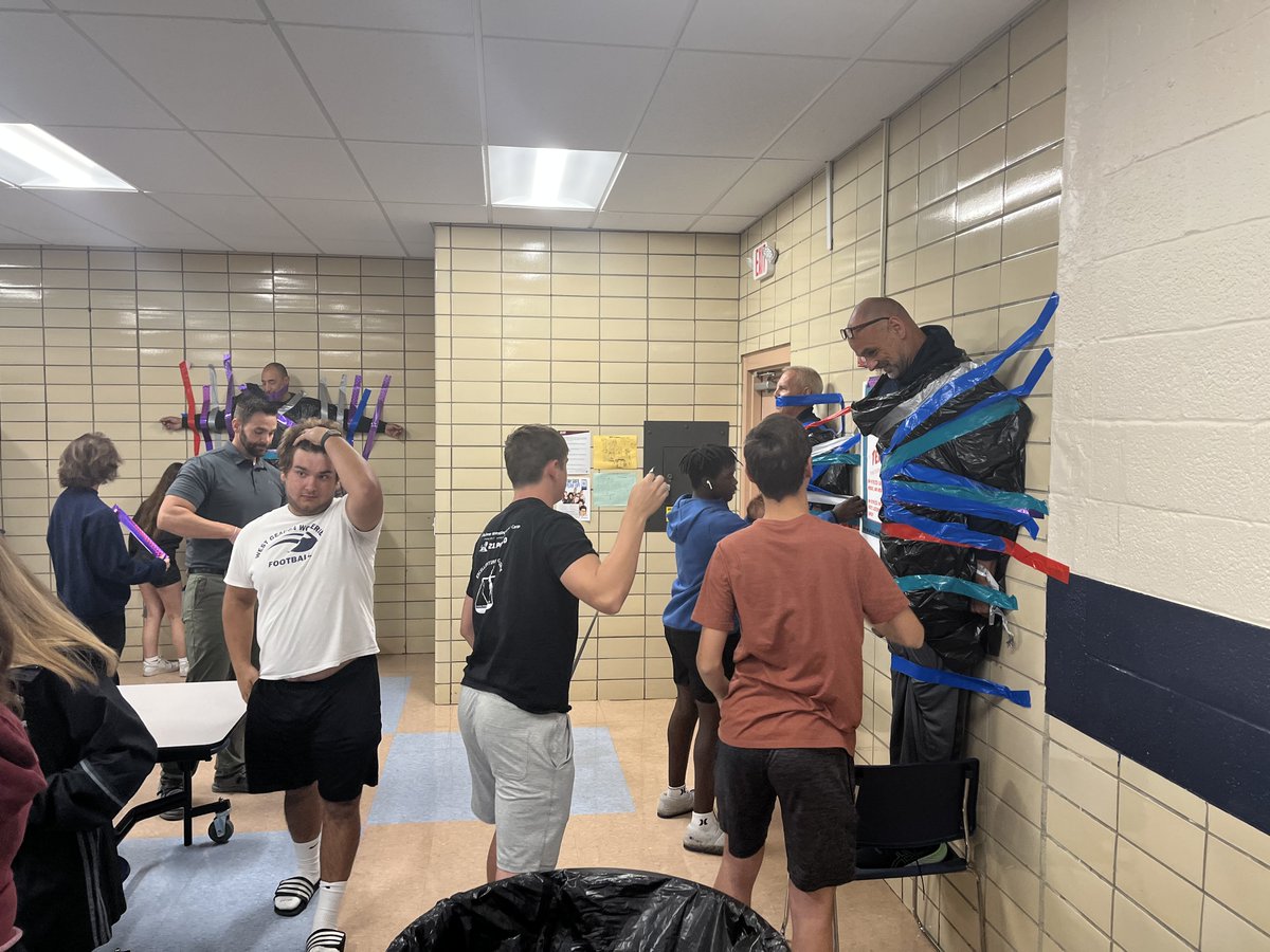 WestGSRO's tweet photo. Tape a Teacher Day at West G High School. What a fun event to raise money for future NHS projects and events. #TapeATeacherDay #WestG #NHS https://t.co/WVdSiyVgm8