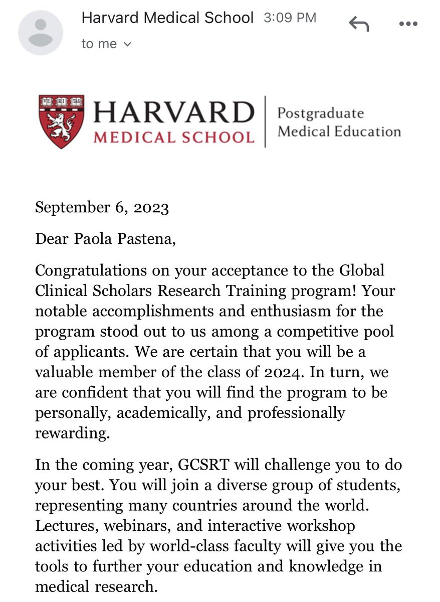 Beyond thrilled to announce that I’ve been accepted to the Global Clinical Scholars Research Training Program at @harvardmed 🩺🇺🇸 Excited to collaborate with clinicians and fellow scholars from around the world 🌎⭐️

#Research #GCSRT #Harvard #HarvardMedicalSchool #MedTwitter