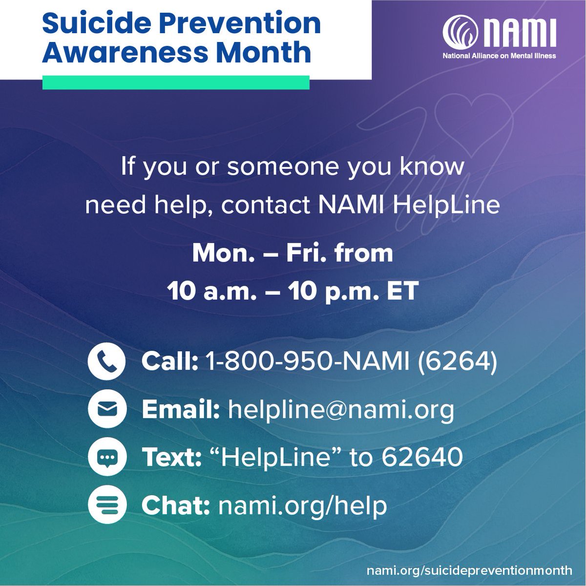 Share this resource with your family, friends, neighbors, and community. You never know what someone might be going through. #NotAlone #GiveHope #SuicideAwareness #NationalRecoveryMonth #Resource