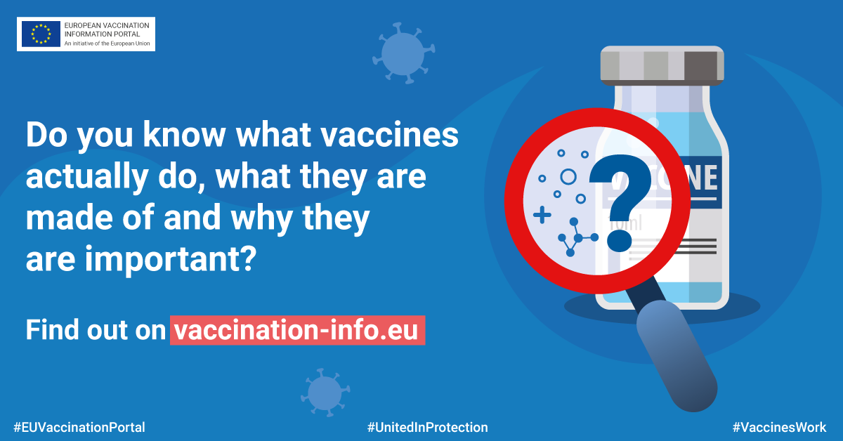 ECDC_EU's tweet photo. Curious about vaccines? Visit the European Vaccination Information Portal to learn more about: 

☑ how vaccines work 
☑ levels of immunity
☑ components of vaccines 
☑ types of vaccines

https://t.co/EDFKxcV2ei

#EUVaccinationPortal #vaccineswork #UnitedInProtection https://t.co/AUxURPF50y