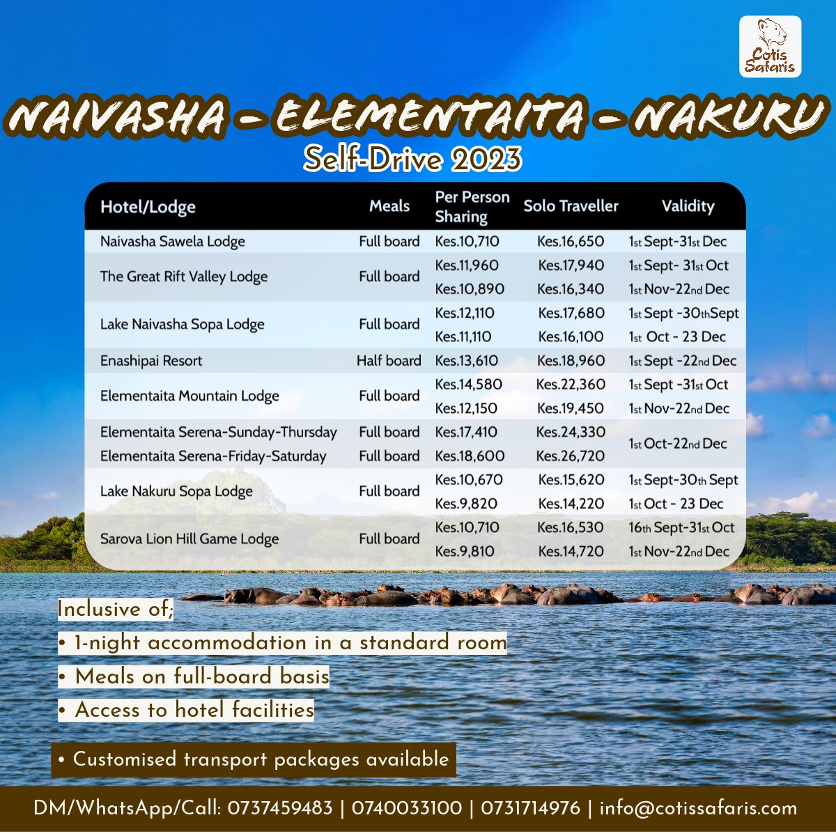 CotisSafaris's tweet photo. Escape to the heart of Kenya's stunning wildlife and natural beauty with our exclusive Naivasha, Elementaita, and  Nakuru getaway packages 🦓🦒

Book now:

📞 +254740033100

#CotisSafaris #KenyaGetaway #Naivasha #Elementaita #Nakuru  #ExploreNature #WildlifeWonders #Riftvalley https://t.co/cFpc8aTBiH