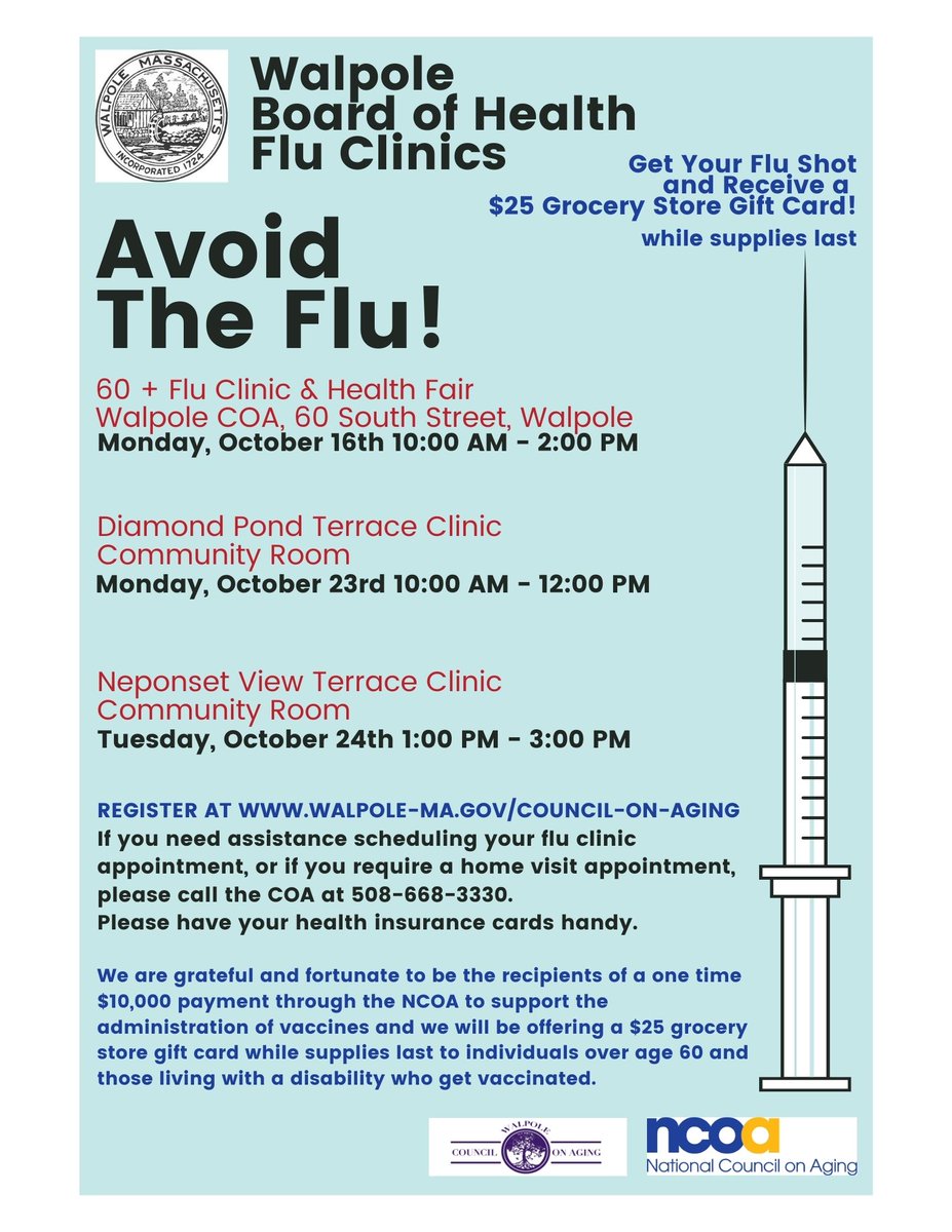 WalpoleNurse's tweet photo. ~~2023 FLU CLINICS FOR SENIORS AND THOSE LIVING WITH A DISABILITY~~
Registration is required:
https://t.co/BK5iejgqm4
https://t.co/NWvRdphYEB
@TownofWalpole https://t.co/THd1nEtbOy