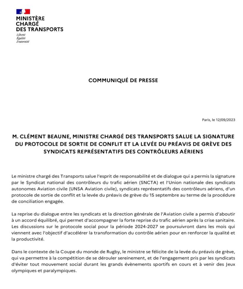 CBeaune's tweet photo. 🟢 Levée du préavis de grève du contrôle aérien.  
Je défends cette méthode : l’esprit de dialogue et de responsabilité. https://t.co/ySs6hTdJrr