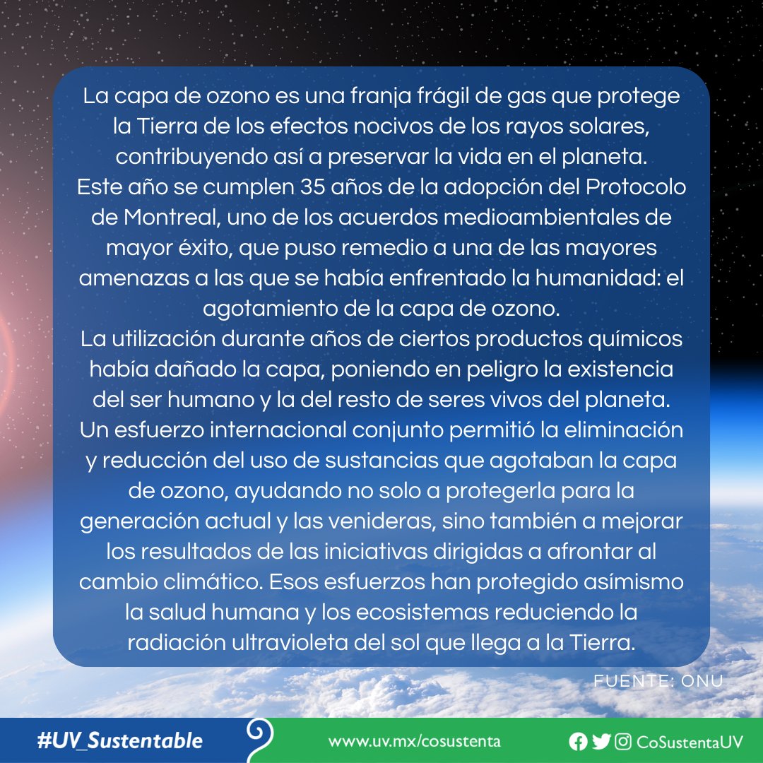 📅16 de Septiembre. Día Internacional de la Preservación de la Capa de Ozono 🌬 #UV_Sustentable #Xalapa #Veracruz #BocaDelRío #PozaRica #Tuxpan #Córdoba #Orizaba #Coatzacoalcos #Minatitlán #Sustentabilidad #CoSustenta #CoSustentaUV #UniversidadVeracruzana #EfeméridesSustentables