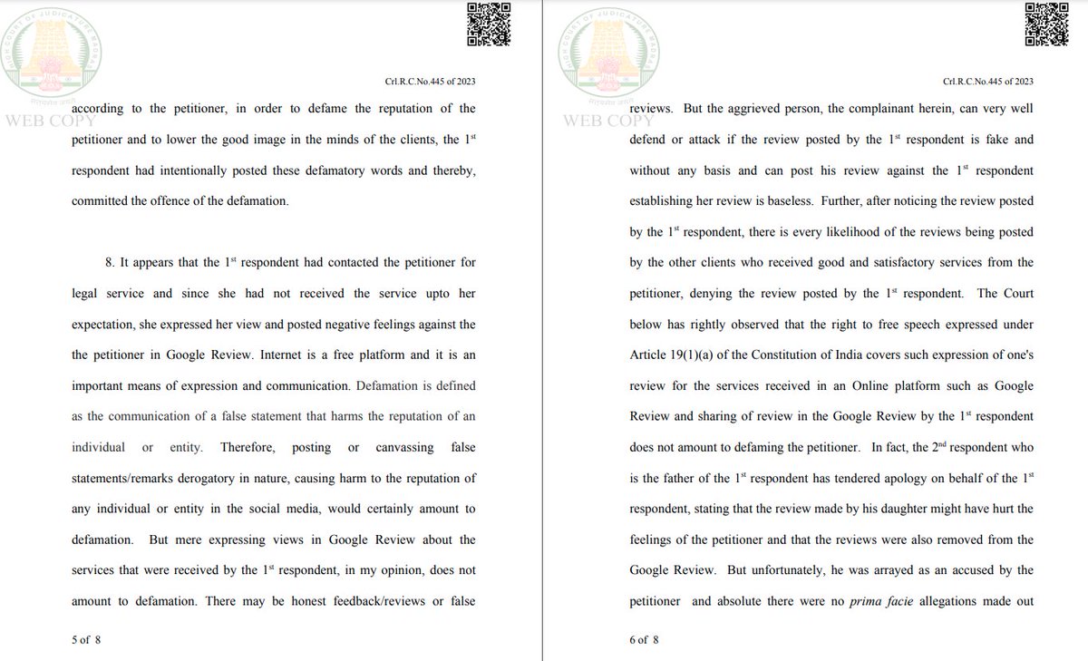 CiteCase's tweet photo. Will sharing negative google reviews amount to defamation?  

We found an interesting case from Madras High Court.

In this case, a lawyer filed a defamation complaint against a person who wrote in Google Review that he is “very disrespectful and doesn't respond for anything. Further he wrote: "Worst Lawyer. Save your dignity by not consulting him”.

Magistrate dismissed the complaint. The Madras HC upheld this dismissal and observed that the right to free speech expressed under Article 19(1)(a) of the Constitution of India covers such expression of one's review for the services received in an Online platform.

Mere expressing views in Google Review about the services does not amount to defamation, the court held

https://t.co/qUwbbJXdMs