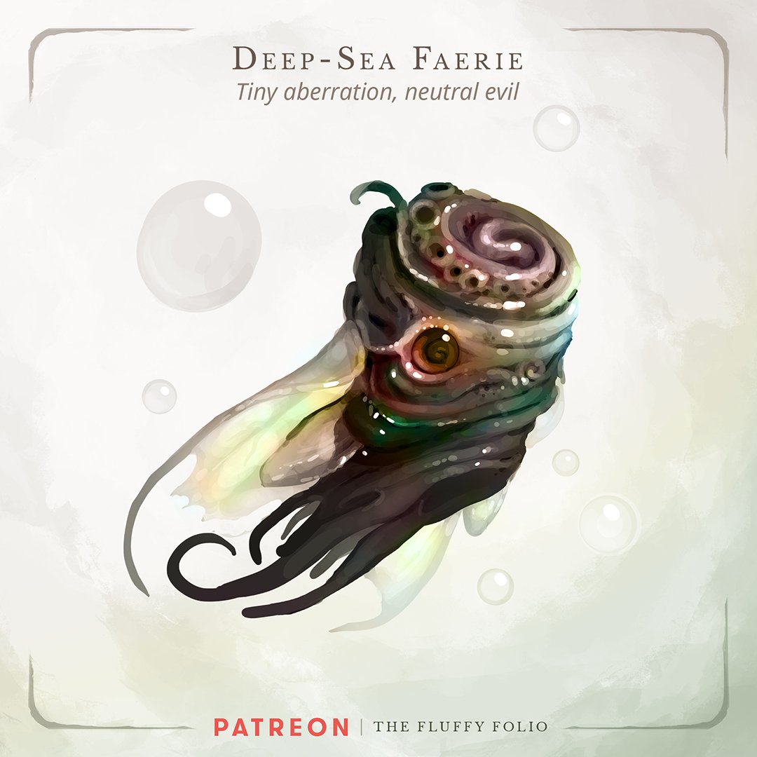 fluffy_folio's tweet photo. Deep-Sea Faerie - Tiny aberration, neutral evil
It is said that the deep-sea faeries were molded from the drifting wastes of the Shelligans’ sinister rituals. Sunken to the deepest chasms of the oceanic worlds, they merged with lingering eldritch spirits. #DnD #ttrpg https://t.co/uk9aSQIz0d