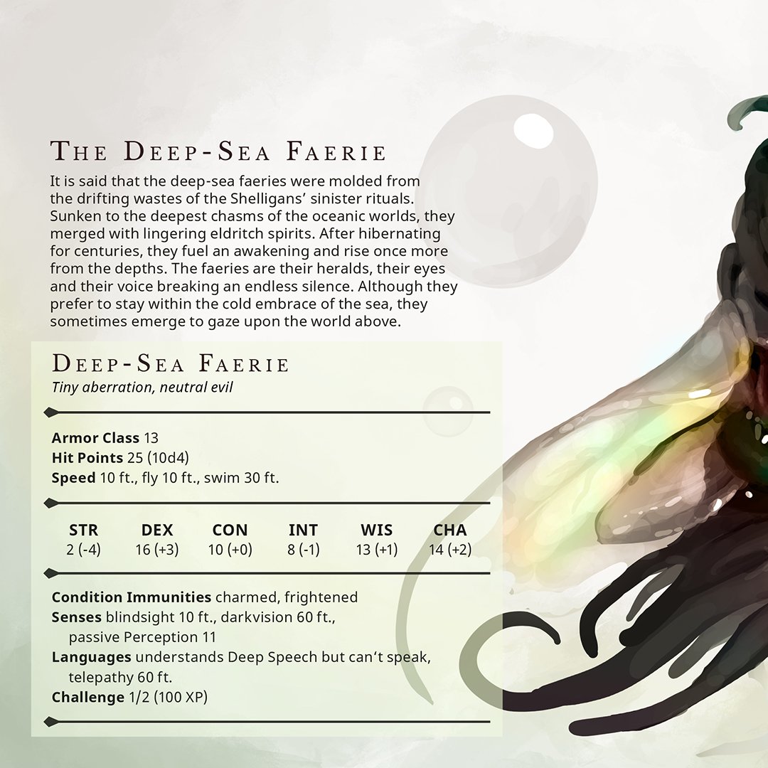 fluffy_folio's tweet photo. Deep-Sea Faerie - Tiny aberration, neutral evil
It is said that the deep-sea faeries were molded from the drifting wastes of the Shelligans’ sinister rituals. Sunken to the deepest chasms of the oceanic worlds, they merged with lingering eldritch spirits. #DnD #ttrpg https://t.co/uk9aSQIz0d
