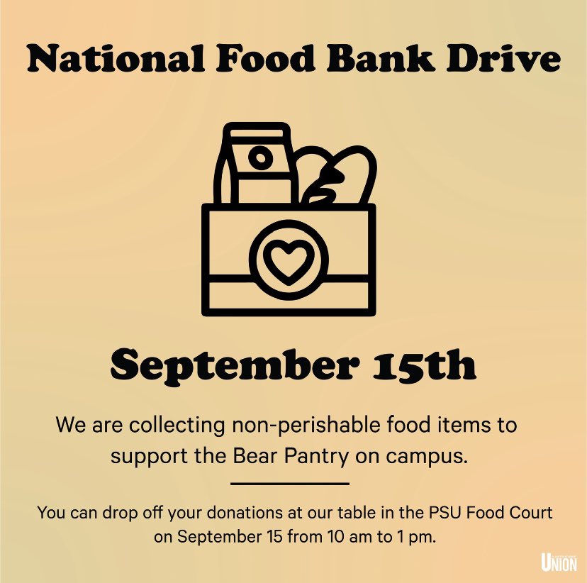 MSU_PSU's tweet photo. 🚨CALLING ALL BEARS🚨

Did you know that September 1st was National Food Bank Day? In honor of that we will be hosting a food drive THIS FRIDAY! 

Please bring items listed to donate to the Bear Pantry! 
#psu #bearpantry #fooddrive https://t.co/1wVxNet06O