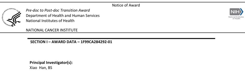 Xiao Han 韩笑 (@xiaohan_jhu) on Twitter photo 😃Flattered to be awarded the <a href="/NIH/">NIH</a> F99/K00 fellowship by <a href="/theNCI/">National Cancer Institute</a> which will fund my remainder of PhD training in <a href="/megeblad/">Mikala Egeblad</a> lab and up to 4 years of my postdoctoral research.👩🏻🔬 Thanks to everyone for the incredible support-I’ll keep pushing forward!💪 😃Flattered to be awarded the <a href="/NIH/">NIH</a> F99/K00 fellowship by <a href="/theNCI/">National Cancer Institute</a> which will fund my remainder of PhD training in <a href="/megeblad/">Mikala Egeblad</a> lab and up to 4 years of my postdoctoral research.👩🏻🔬 Thanks to everyone for the incredible support-I’ll keep pushing forward!💪