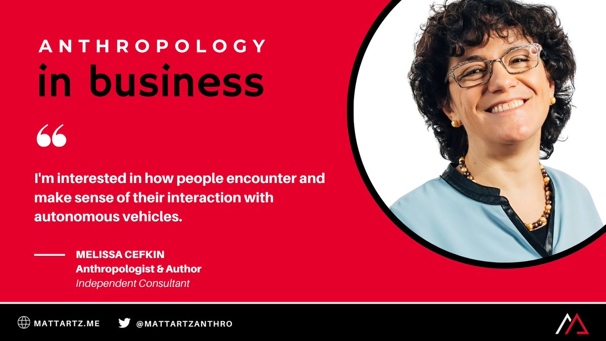 Tune in to the latest <a href="/anthro_business/">Anthropology in Business</a> podcast with <a href="/melcef/">Melissa Cefkin</a> to explore her journey from academia into industry #anthropology roles at IBM, Waymo &amp; Nissan, where she studied automated systems like #autonomousvehicles.

mattartz.me/melissa-cefkin…