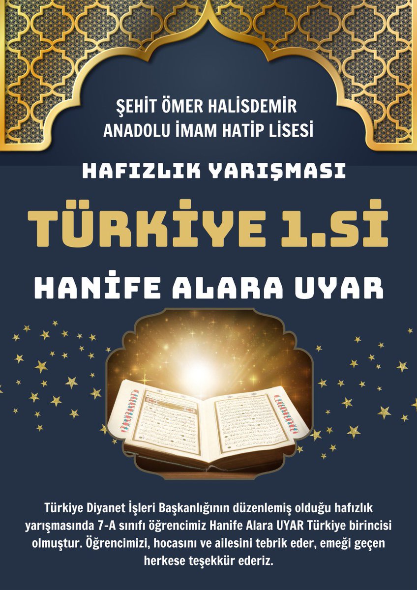 Diyanet İşleri Başkanlığı Hafızlık Yarışmasında, Ankara Yenimahalle Şehit Ömer Halisdemir AİHL (bünyede İHO) ve Kur’an Kursu öğrencisi Hanife Alara Uyar, Türkiye 1.si oldu. Öğrencimizi tebrik eder, emeği geçenlere teşekkür ederiz👏@yilmaznazif @drahmetisleyen