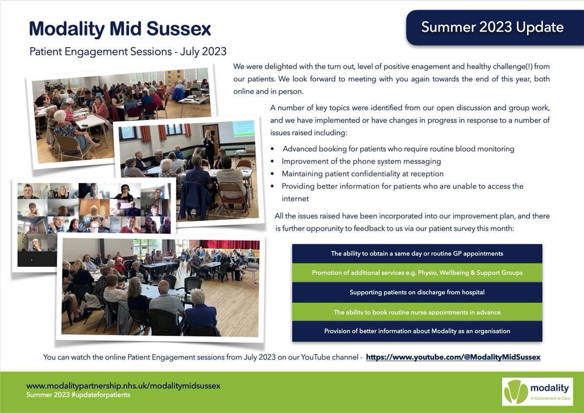 ModalityMidSuss's tweet image. Today, we publish our updated plan for our patients. You can view the full update by visiting - tinyurl.com/nhf4dp62 or collect a paper copy from your practice.
#planforpatients
#modalitymidsussex