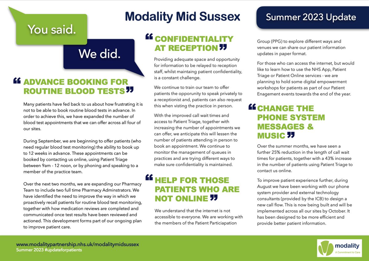 ModalityMidSuss's tweet image. Today, we publish our updated plan for our patients. You can view the full update by visiting - tinyurl.com/nhf4dp62 or collect a paper copy from your practice.
#planforpatients
#modalitymidsussex