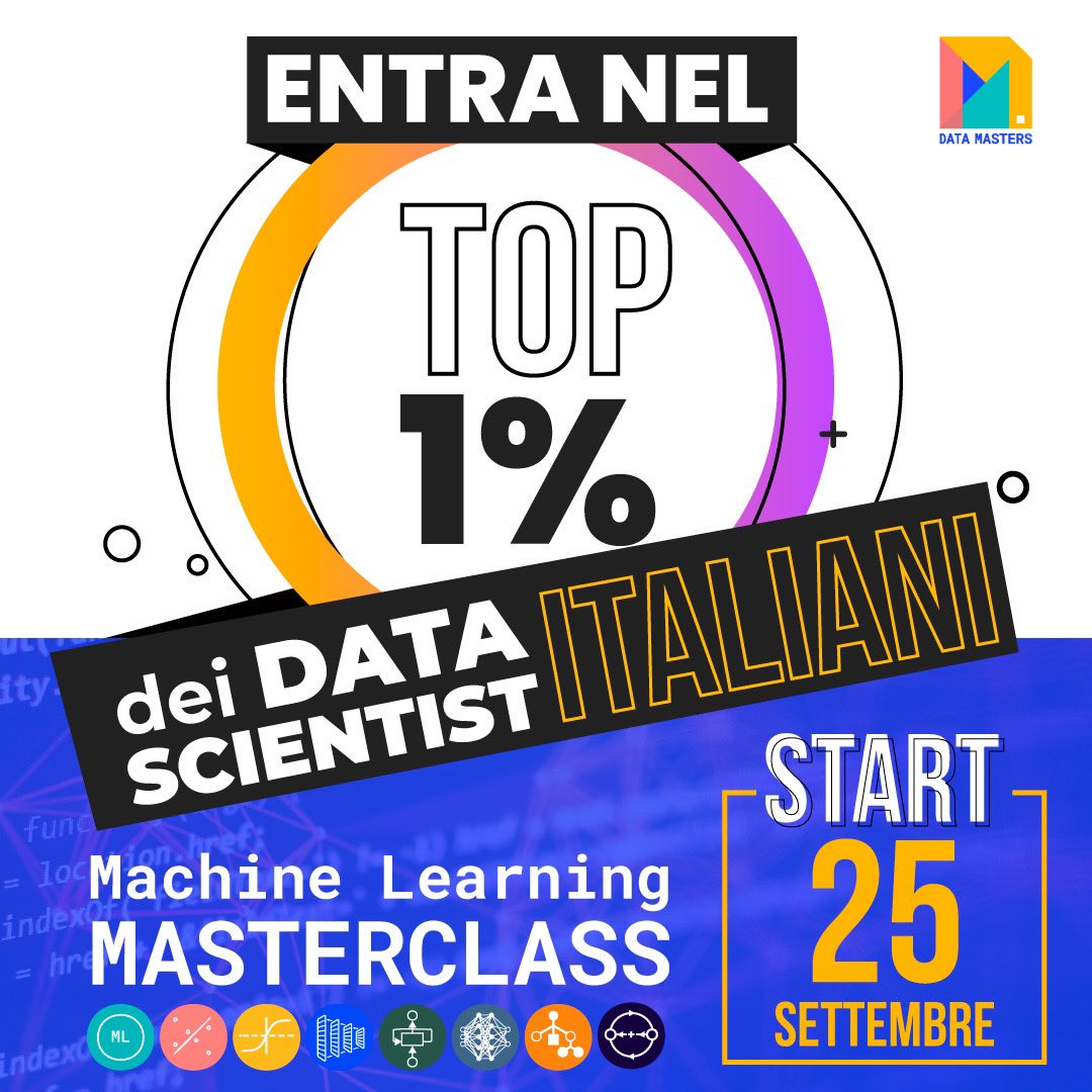 datamasters_it's tweet image. È appena iniziata l'ultima settimana per candidarti alla prossima Machine Learning Masterclass in partenza il 25 settembre.

Se il tuo obiettivo è di entrare nel top 1% dei professionisti in #AI e #ML,  prenota un meet conoscitivo con i nostri docenti👇
calendly.com/datamasters/me…
