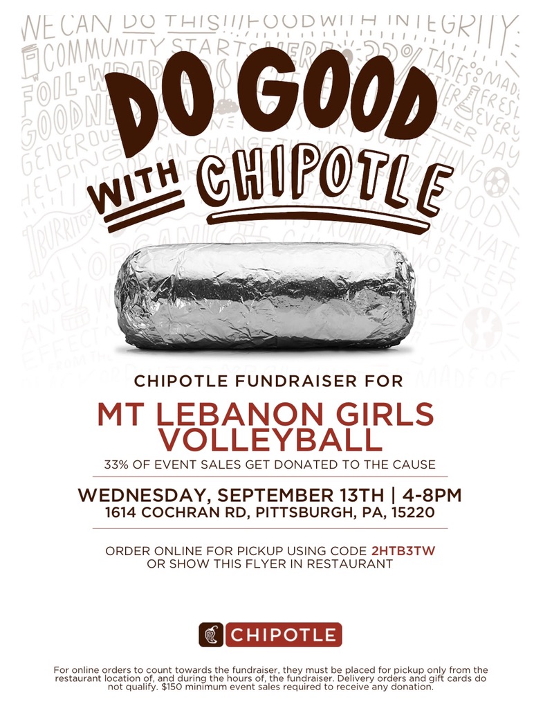 MtLebanonVB's tweet photo. Our Chipotle night is tomorrow!

⏰4-8 PM
📍Cochran Road Chipotle https://t.co/U1RJr6ikUY
