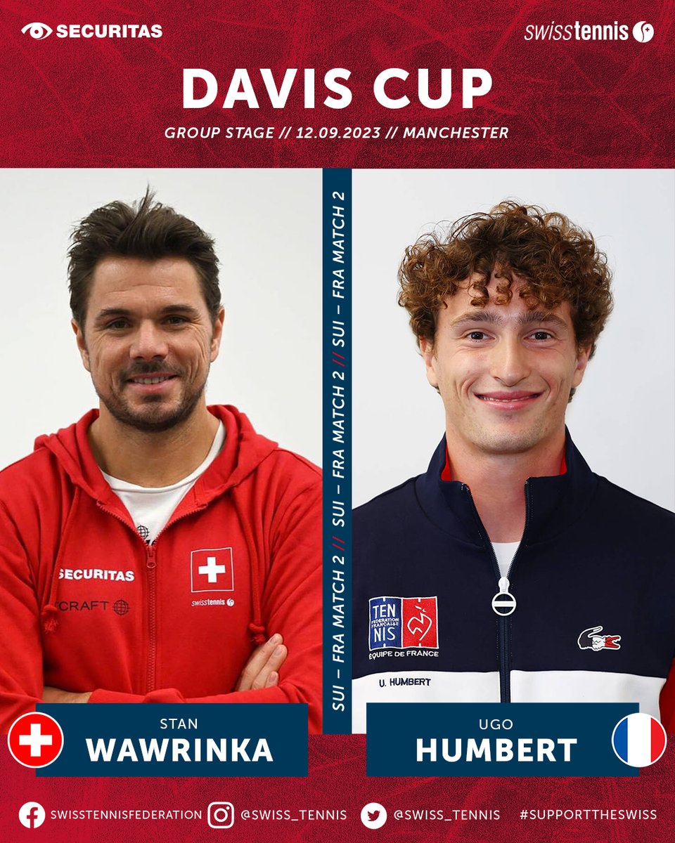 swiss_tennis's tweet photo. Next up Stan Wawrinka vs. Ugo Humbert.
Can Stan secure the second second point?πΎ
#SupportTheSwiss
@securitasag #Swiss @daviscup #team
#FRASUI #swisstennis #swisstennisplayer #stagegroup #finals #manchester #hoppschwiiz #hopsuisse #buildthenextgeneration https://t.co/Pp0czCd3mn