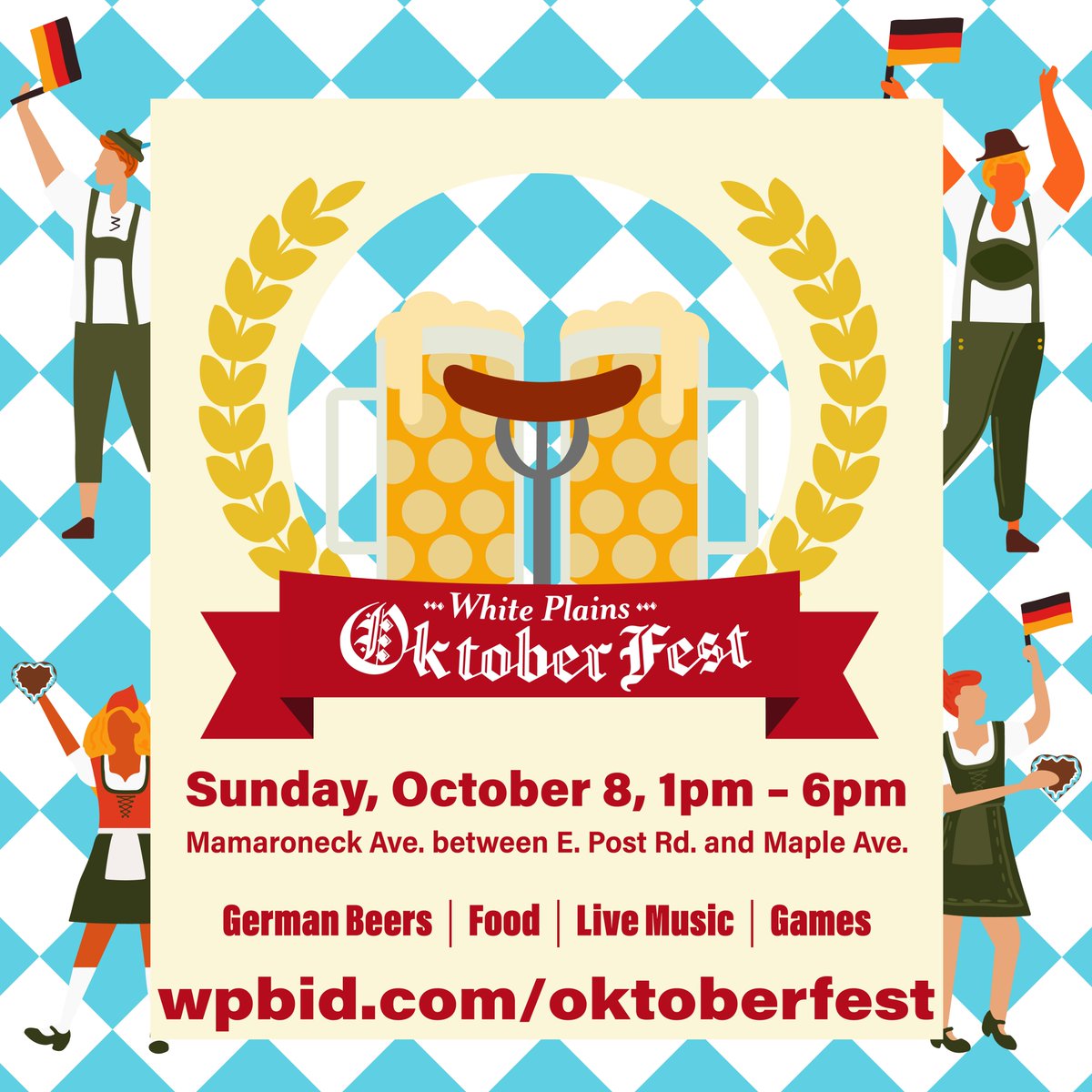 Dust off your Lederhosen and Dirndls because White Plains OktoberFest is back! 🍻🥨⁠
⁠
📅 Save the Date: October 8th⁠
🕐 Time: 1pm – 6pm⁠
📍 Location: Mamaroneck Ave. between E Post Rd. and Maple Ave.⁠
Get your tickets at Wpbid.com/oktoberfest