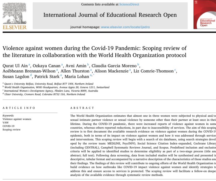 Pleased to share our new protocol paper for a scoping review of studies about Violence against women during the Covid-19 Pandemic. This research is in collaboration with @WHO and is led by Prof Maria Lohan @QUBSONM 

#VAW #evidencesynthesis #scopingreview

sciencedirect.com/science/articl…