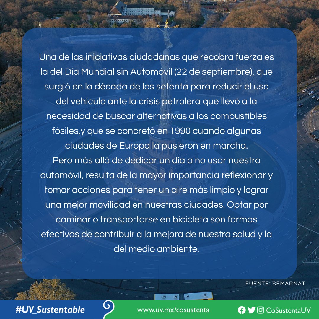 📅22 de Septiembre. Día Mundial sin Autos 🚫🚗🚫 #UV_Sustentable #Xalapa #Veracruz #BocaDelRío #PozaRica #Tuxpan #Córdoba #Orizaba #Coatzacoalcos #Minatitlán #PorUnaTransformaciónIntegral #Sustentabilidad #CoSustenta #CoSustentaUV #UniversidadVeracruzana #EfeméridesSustentables