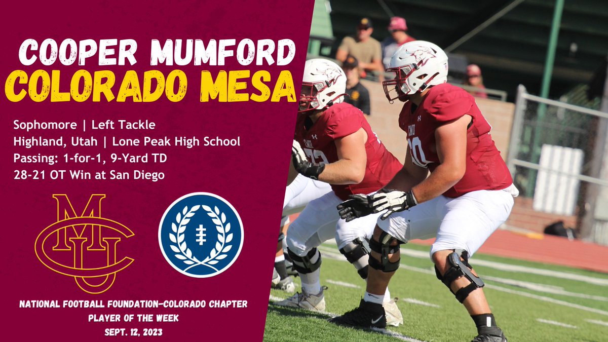 This week's @NFFNetwork Colorado Chapter Player of the Week is LT Cooper Mumford from @CMUMavericks. Mumford's heads up play in the 2Q helped @CMUMavsFootball defeat FCS San Diego, 28-21 (OT)! #ColoradoFootball @RMAC_SPORTS