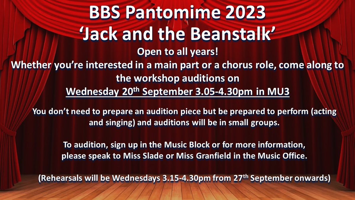BBS pantomime auditions- Wednesday 20th September, 3.05-4.30pm. Sign up in the Music Block to get involved 🎭🎭🎭 <a href="/BurtonBorough/">BBS</a>