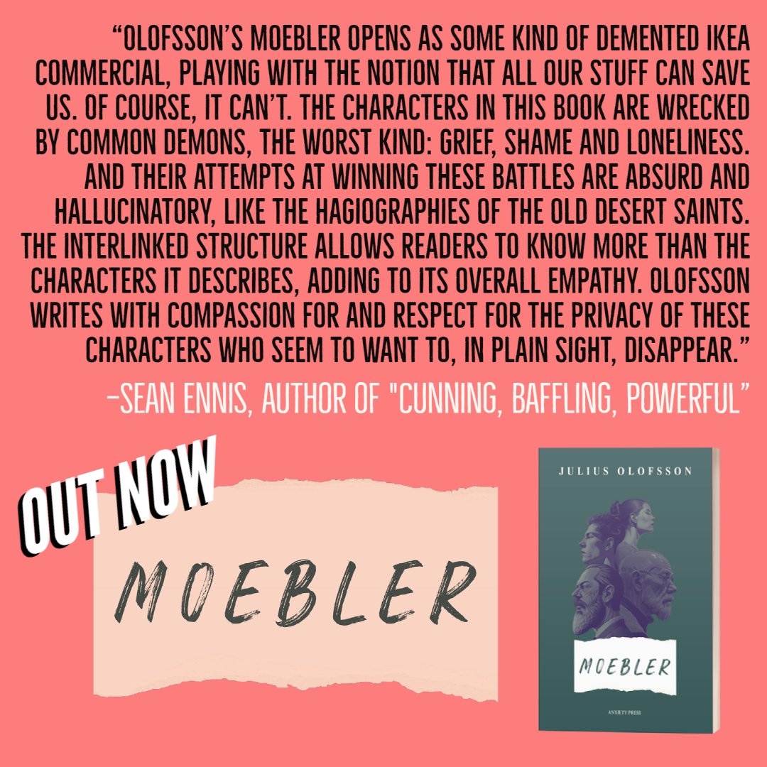 🔥BLURB THANKS🔥

Time for the last blurber to be thanked for reading/blurbing my book "Moebler" — it means the world to me!

This time, it's Sean Ennis (<a href="/Seanennis110/">Sean Ennis</a>) who said this:

Get the book here: linktr.ee/juliusolofsson

#writerslift #shortstories #WritingCommunity