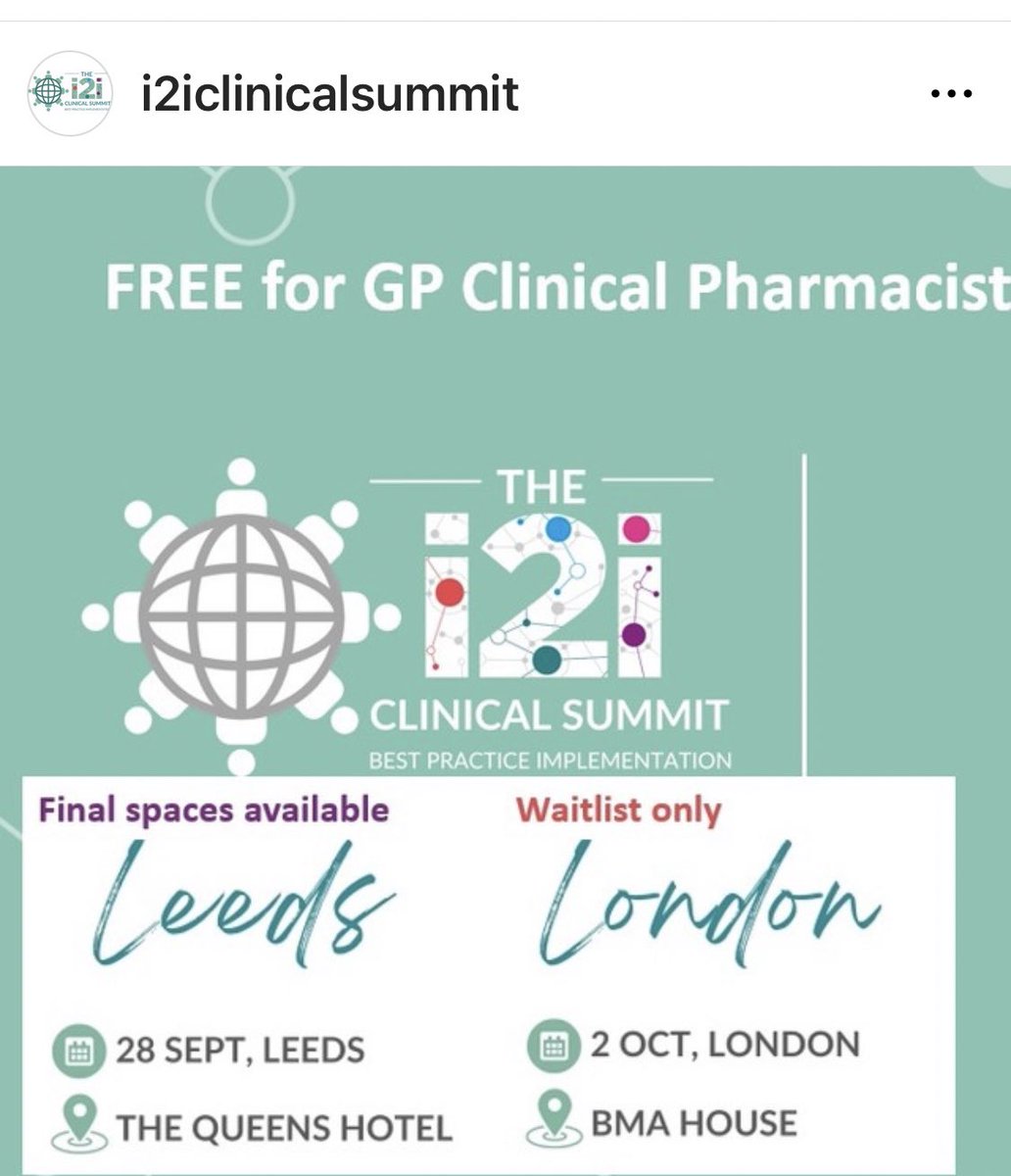 i2iPharmacist's tweet photo. Last chance to book #GPPharmacist peeps! 
Waitlist only for London and final places for Leeds. 
This is going to be THE EVENT of the year combining clinical
content, networking career advice. What’s not to ❤️
Pls RT https://t.co/IABsHXx37N