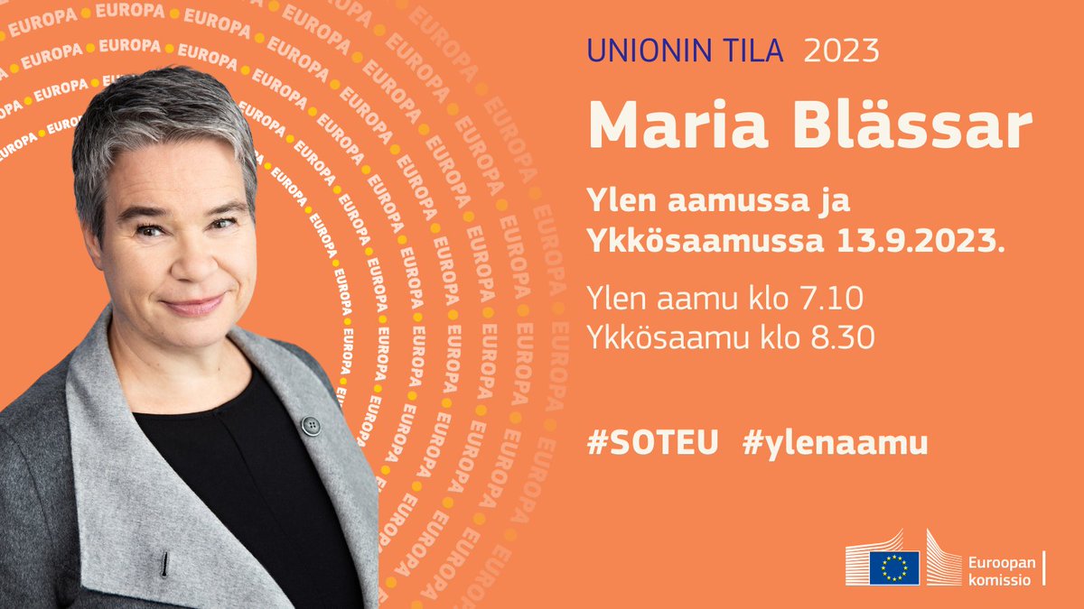 Kaikki linjoille huomenna! Osallistun #ylenaamu’n ja Ykkösaamun lähetyksiin ennakkokäsittelemään komission puheenjohtajan @vonderleyen Unionin tila –puhetta. Keskustelukumppanina minulla on @wood_paivi. Odotan innolla keskustelua! #SOTEU