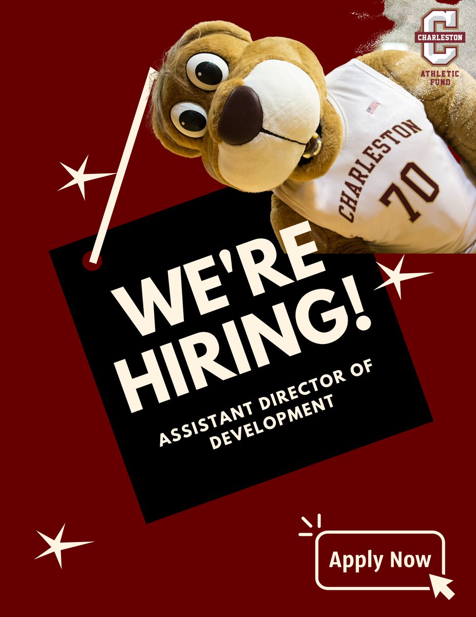 cofcathleticfnd's tweet photo. We're hiring! Know someone that would be interested in becoming the Assistant Director of Development for the CofC Athletic Fund? Have them apply here! https://t.co/gVgrcSc9iN https://t.co/Ze64obgrf8